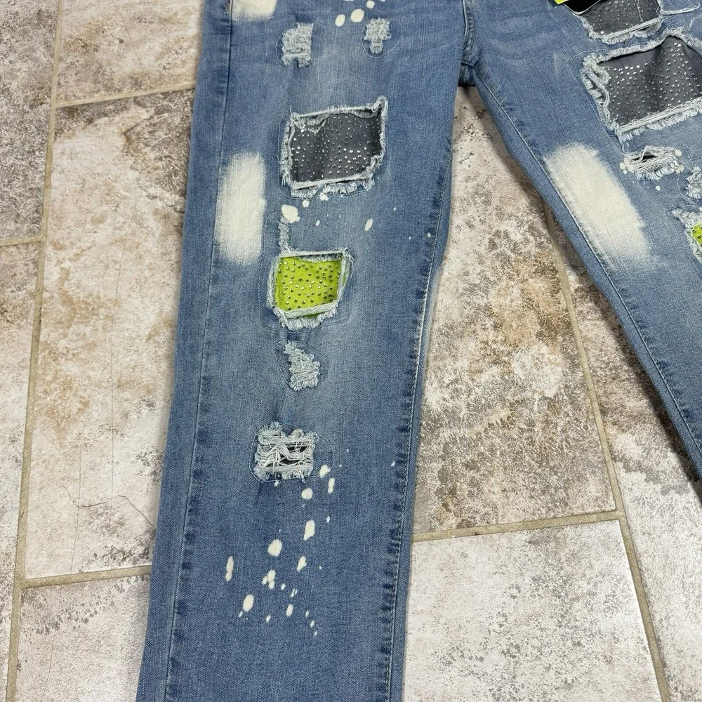 GS115 Denim Jeans Men's 34x31 Blue Factory Distressed 100% Cotton‎ Studded